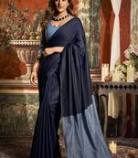 Navy blue cotton blend saree with contrast pallu & unstiched blouse piece