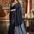 Navy blue cotton blend saree with contrast pallu & unstiched blouse piece