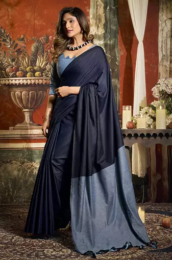 Navy blue cotton blend saree with contrast pallu & unstiched blouse piece