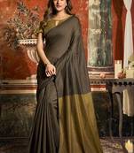 Coffee brown cotton blend saree with contrast pallu & unstiched blouse piece