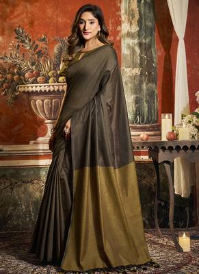 Coffee brown cotton blend saree with contrast pallu & unstiched blouse piece 2