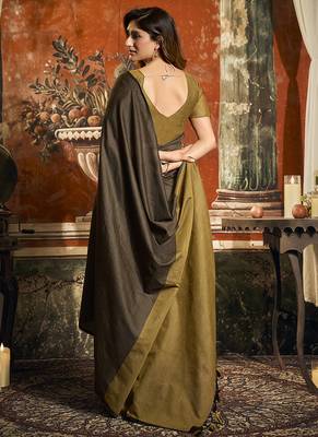Coffee brown cotton blend saree with contrast pallu & unstiched blouse piece 3