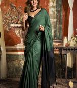 Dark green cotton blend saree with contrast pallu & unstiched blouse piece