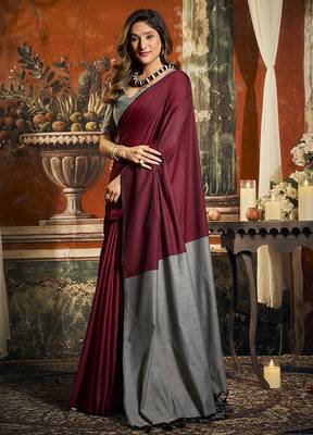 Maroon cotton blend saree with contrast pallu & unstiched blouse piece 2