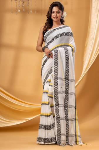 white pure cotton taant saree with woven work design