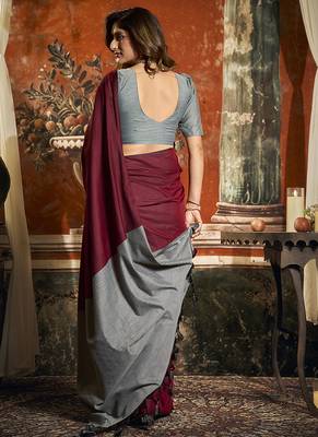 Maroon cotton blend saree with contrast pallu & unstiched blouse piece 3