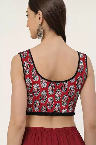 Maroon cotton sanganeri printed non padded blouse