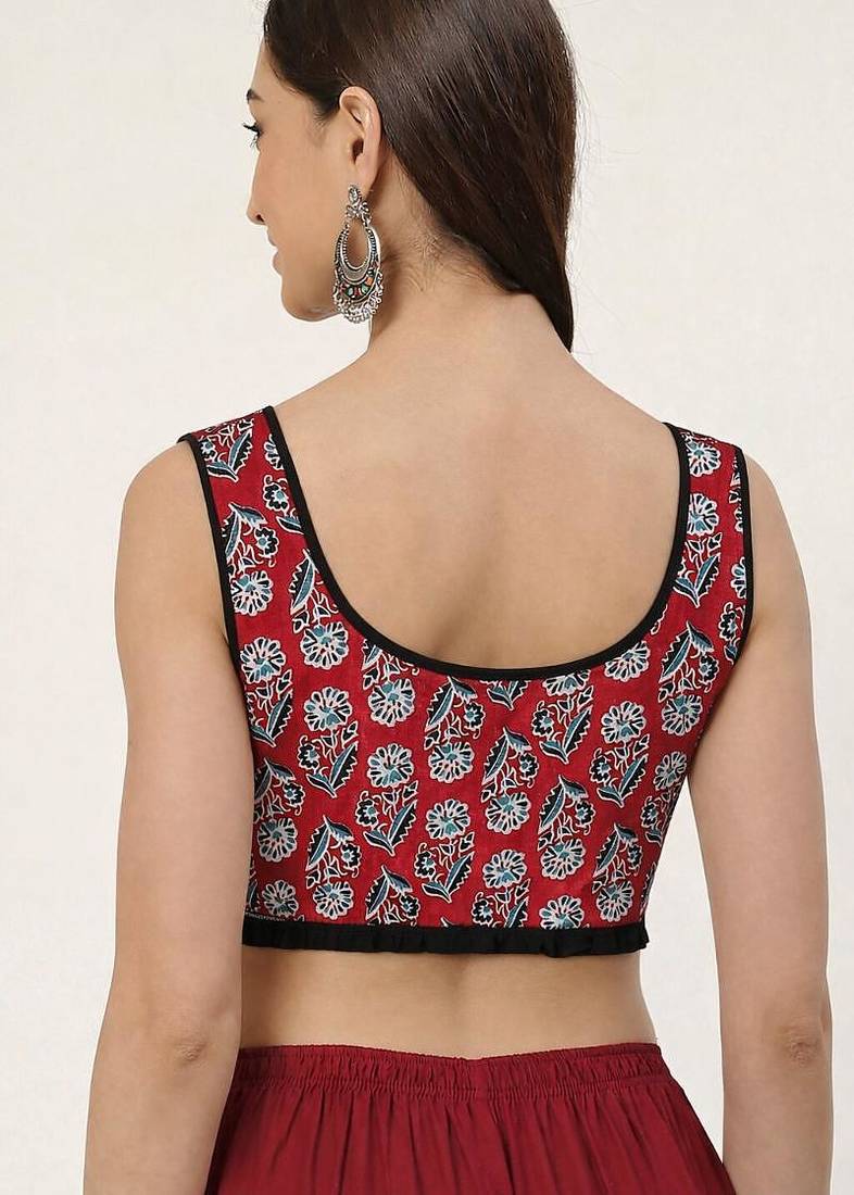 Maroon cotton sanganeri printed non padded blouse
