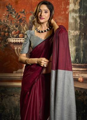 Maroon cotton blend saree with contrast pallu & unstiched blouse piece 4