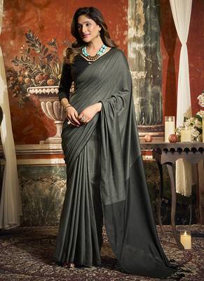 Grey cotton blend saree with contrast pallu & unstiched blouse piece 1