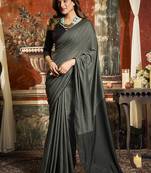 Grey cotton blend saree with contrast pallu & unstiched blouse piece