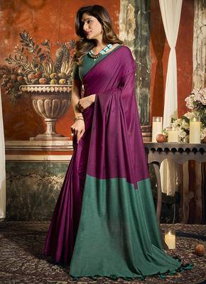 Magenta cotton blend saree with contrast pallu & unstiched blouse piece 2