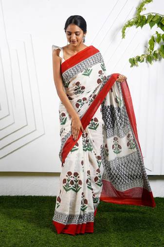 white cotton saree with floral print design
