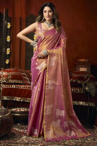 Pink tissue silk blend saree with cow butta weaving work