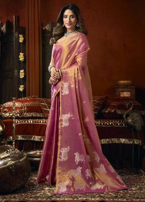 Pink tissue silk blend saree with cow butta weaving work 2