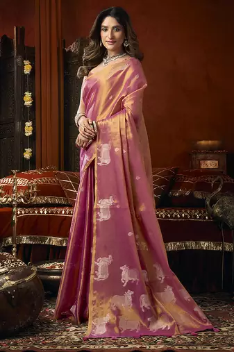 Pink tissue silk blend saree with cow butta weaving work