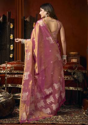 Pink tissue silk blend saree with cow butta weaving work 3