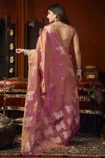 Pink tissue silk blend saree with cow butta weaving work