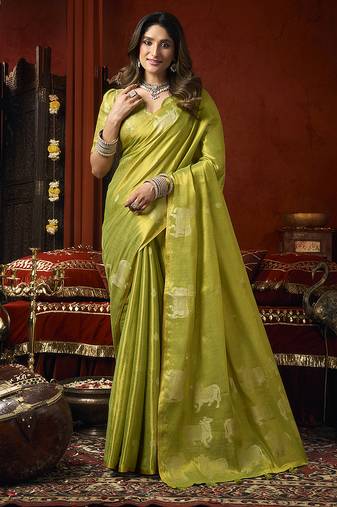 Lime green tissue silk blend saree with cow butta weaving work