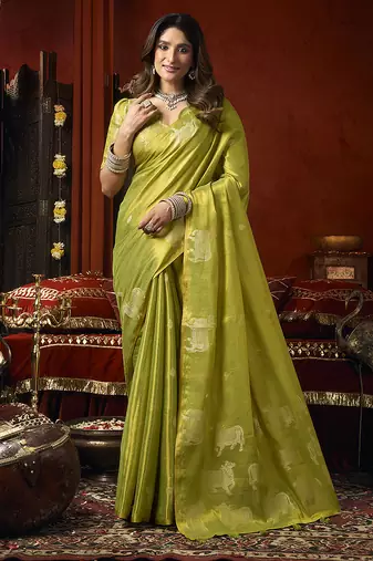 Lime green tissue silk blend saree with cow butta weaving work
