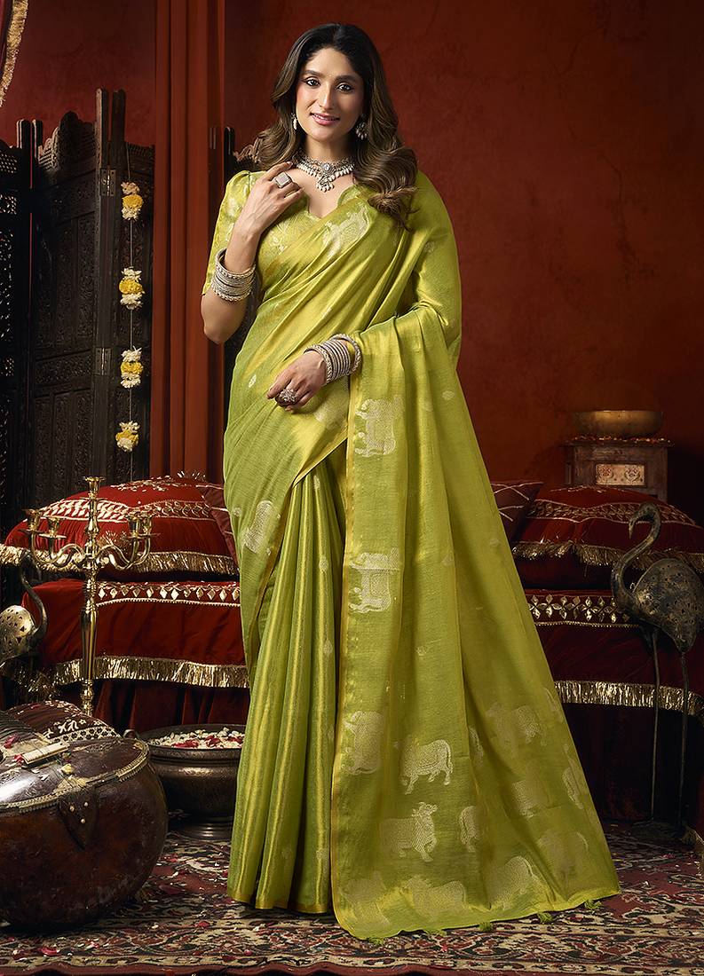 Lime green tissue silk blend saree with cow butta weaving work