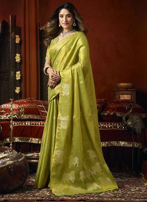 Lime green tissue silk blend saree with cow butta weaving work 2