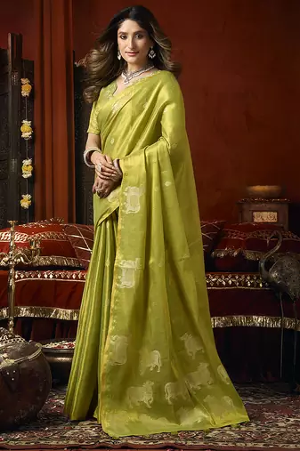 Lime green tissue silk blend saree with cow butta weaving work