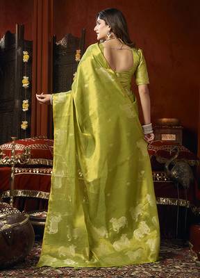 Lime green tissue silk blend saree with cow butta weaving work 3
