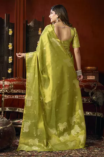 Lime green tissue silk blend saree with cow butta weaving work