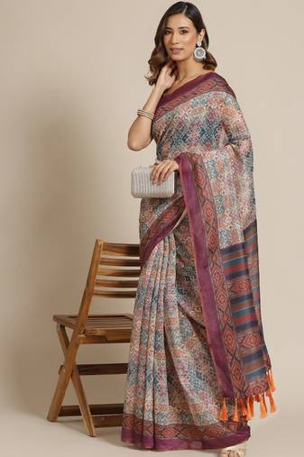 beige digital print saree with ethnic motifs design