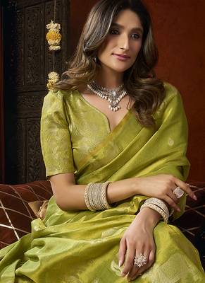 Lime green tissue silk blend saree with cow butta weaving work 4