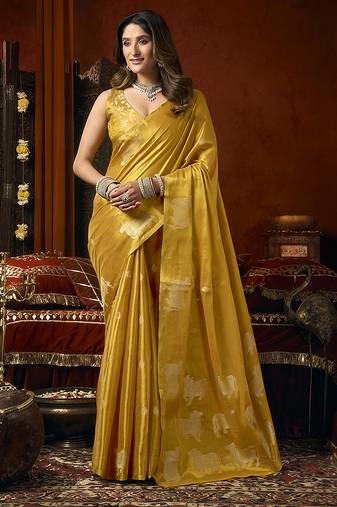Mustard tissue silk blend saree with cow butta weaving work
