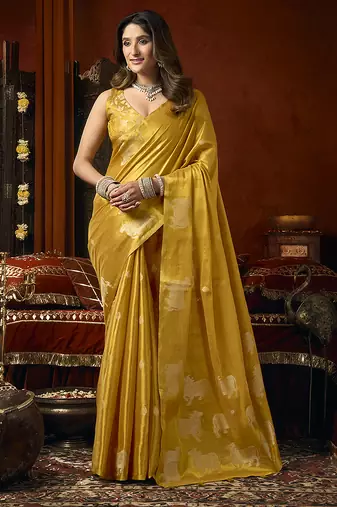 Mustard tissue silk blend saree with cow butta weaving work