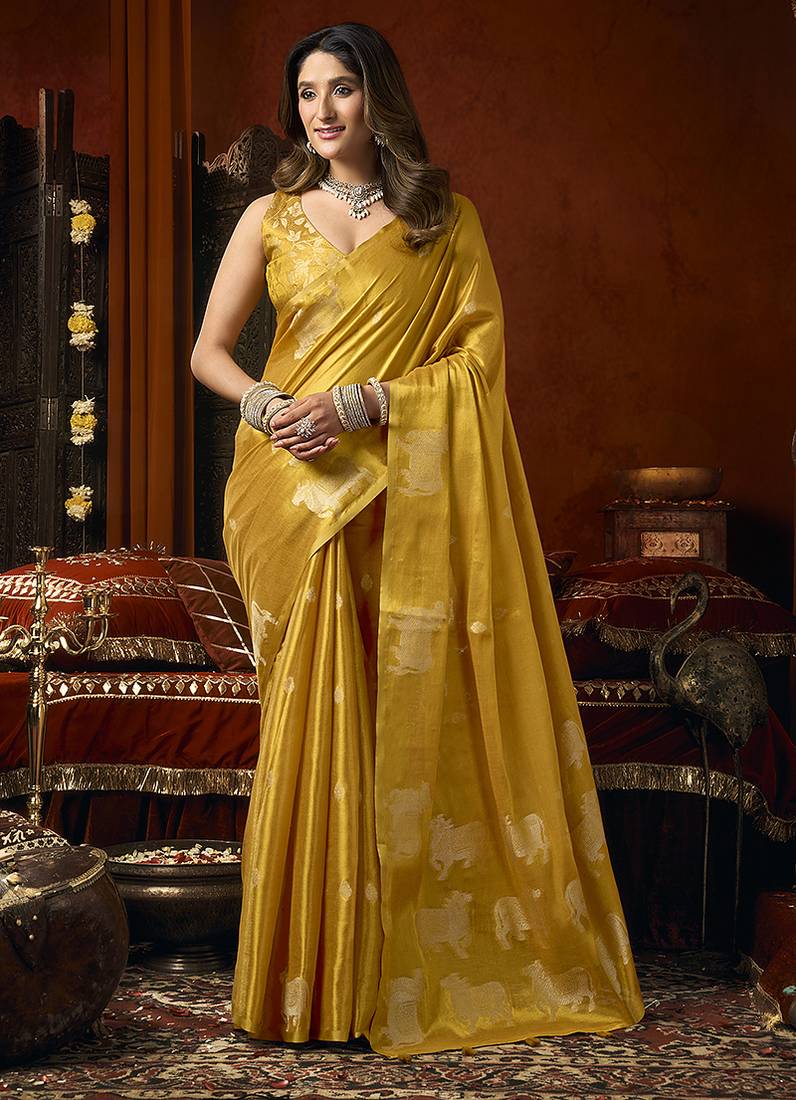 Mustard tissue silk blend saree with cow butta weaving work