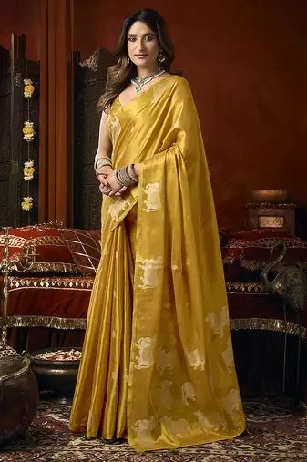Mustard tissue silk blend saree with cow butta weaving work