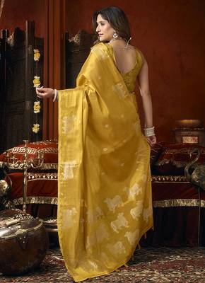 Mustard tissue silk blend saree with cow butta weaving work 3