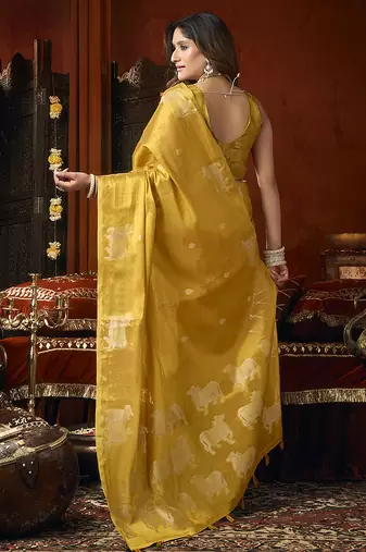 Mustard tissue silk blend saree with cow butta weaving work