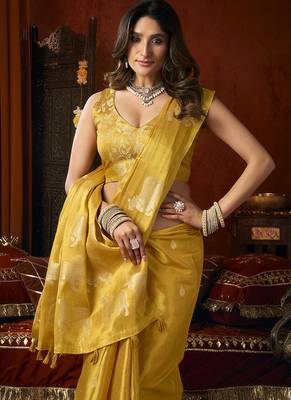 Mustard tissue silk blend saree with cow butta weaving work 4