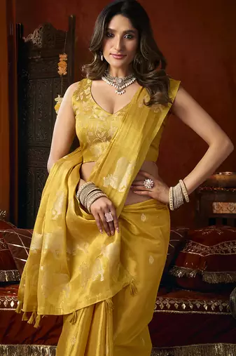 Mustard tissue silk blend saree with cow butta weaving work