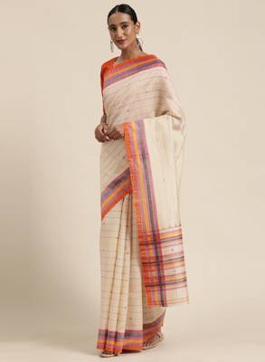 Beige art silk striped bagru saree 1