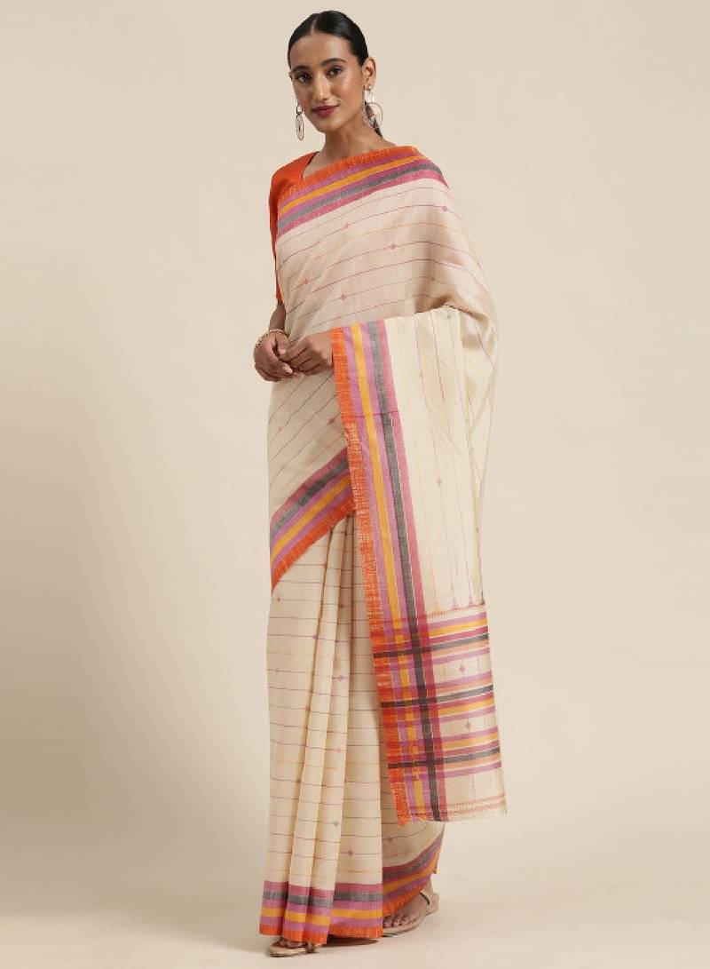 Beige art silk striped bagru saree