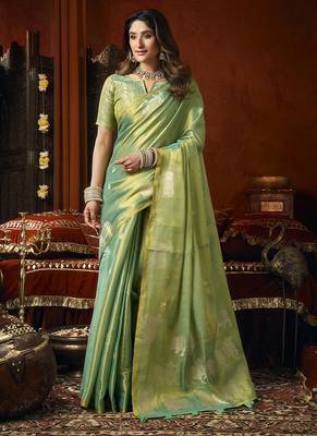 Sea green tissue silk blend saree with cow butta weaving work 1