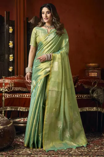 Sea green tissue silk blend saree with cow butta weaving work