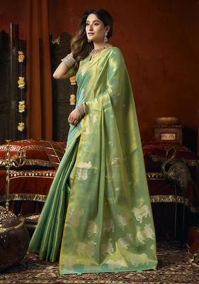 Sea green tissue silk blend saree with cow butta weaving work 2