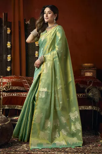 Sea green tissue silk blend saree with cow butta weaving work