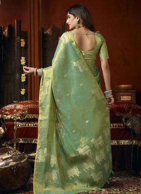 Sea green tissue silk blend saree with cow butta weaving work 3