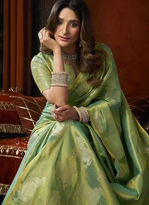 Sea green tissue silk blend saree with cow butta weaving work 4