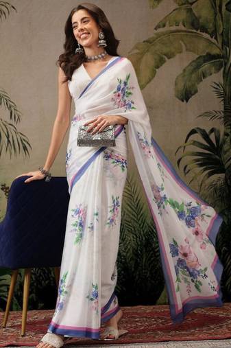 white satin saree with floral digital print design