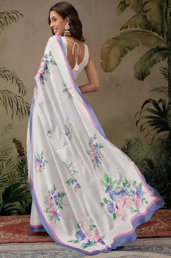 white satin saree with floral digital print design