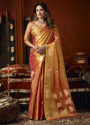 Orange tissue silk blend saree with cow butta weaving work 1